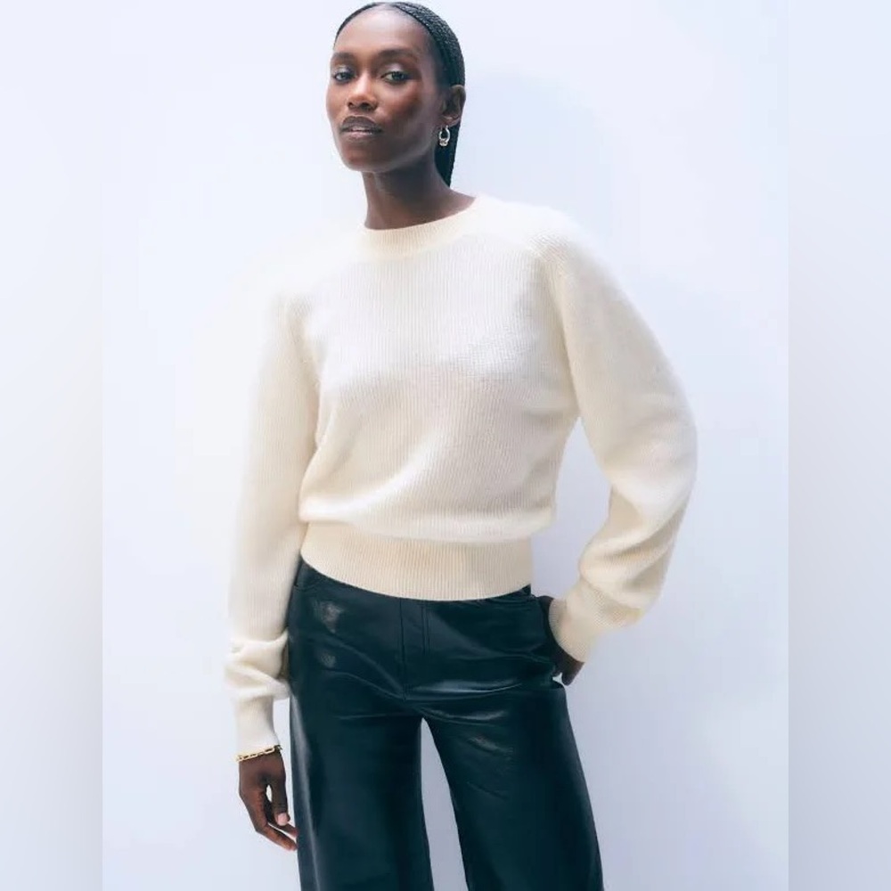 White + Warren Ribbed Button Cuff Crewneck Sweater
